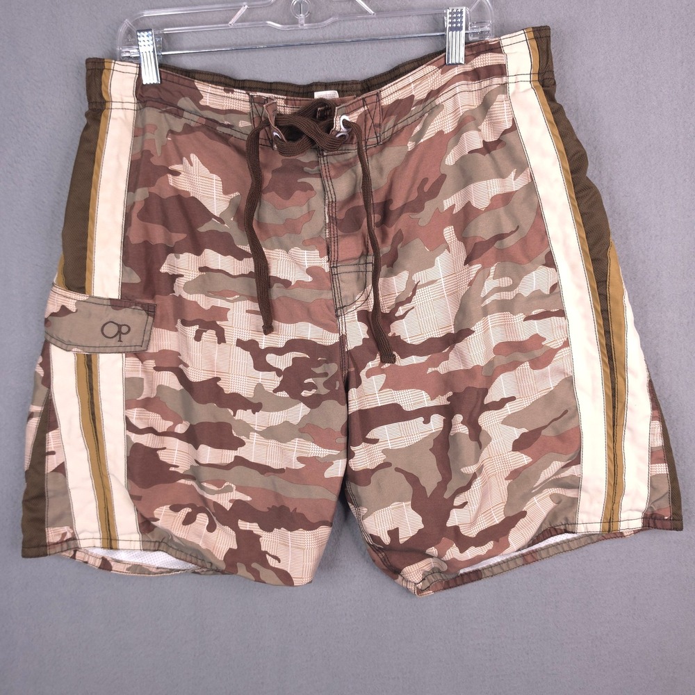 OP Board Shorts Camo Brown Tan Mens Large L 36/38 Mesh Lined Swim Trunks Y2K